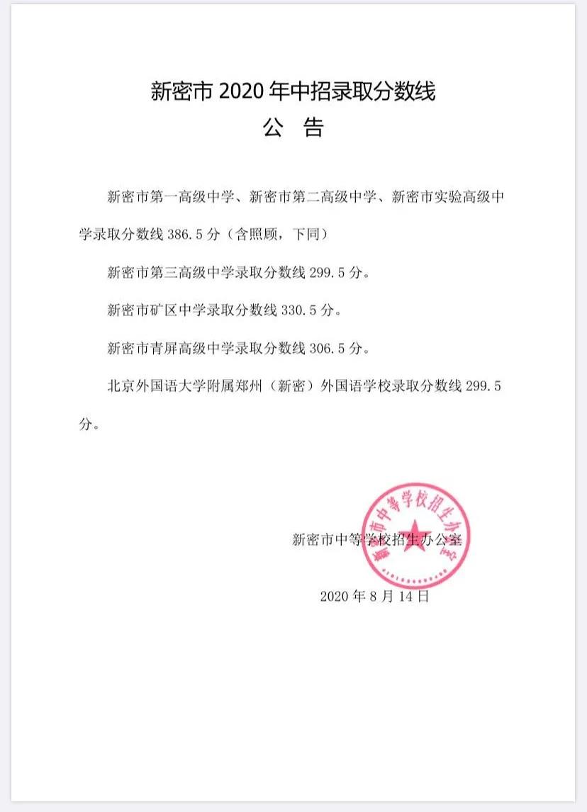 2020河南新密市重点高中中考录取分数线